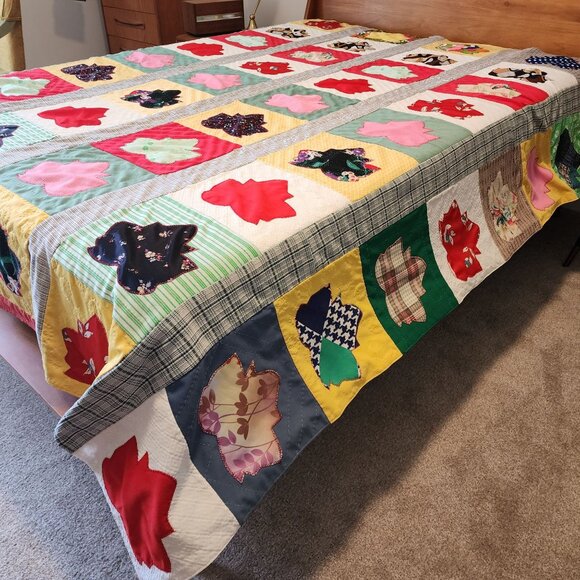 1970s Double knit Quilt Blanket Leaf Pattern Handmade Bright Colors Queen VTG - Picture 8 of 8